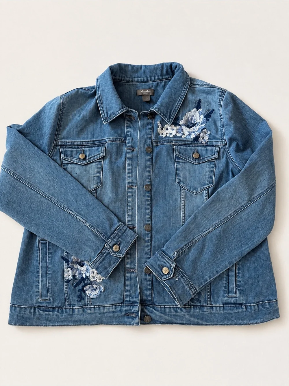 Martha Stewart Blue Denim Jacket with Floral Embroidery